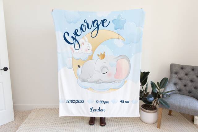 Custom New Baby Blanket, Newborn Boy Gift, Personalised Announcement, Name Print Elephant Blanket - image 1