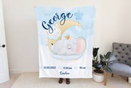 Custom New Baby Blanket, Newborn Boy Gift, Personalised Announcement, Name Print Elephant Blanket - thumbnail 1