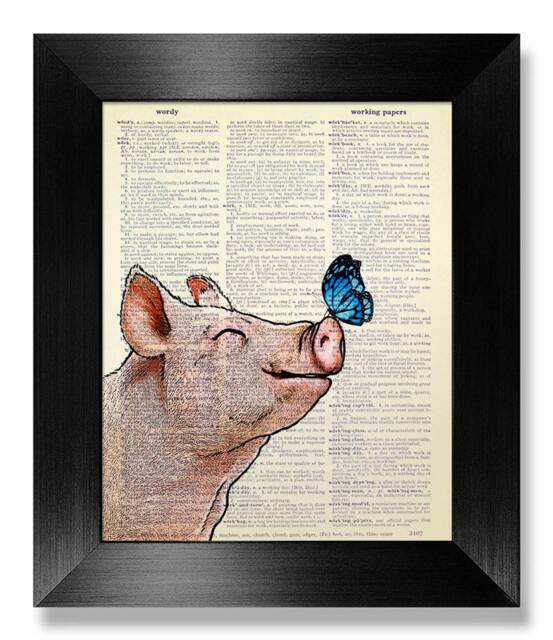 Blue Monarch Butterfly Art, Smile Pig Nursery Wall Art Girl Room Decor, Love Gift Kids Rustic Kitchen Pig Print