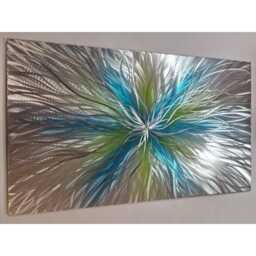 Modern, Abstract, Contemporary Metal Wall Art, Sculpture, 3D Effect, By R Toomer Art. Titled Super Nova. Silver, Teal & Green - thumbnail 2