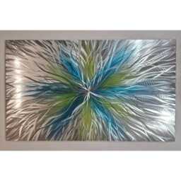 Modern, Abstract, Contemporary Metal Wall Art, Sculpture, 3D Effect, By R Toomer Art. Titled Super Nova. Silver, Teal & Green - thumbnail 3