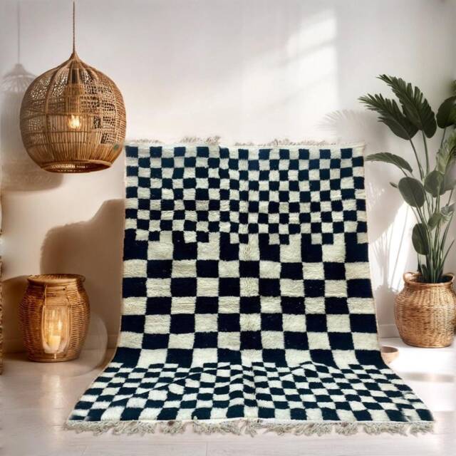 Handmade Wool Moroccan Rug Black & White Checkered Berber Rug - image 1