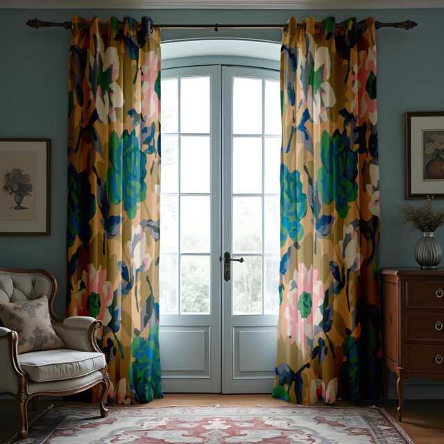 Abstract Floral Curtains, Earthy Tones&teal Watercolor Peony Print Drapes, Modern Living Room Window Treatment, Custom Length Panel Curtains - image 1