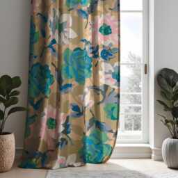 Abstract Floral Curtains, Earthy Tones&teal Watercolor Peony Print Drapes, Modern Living Room Window Treatment, Custom Length Panel Curtains - thumbnail 2