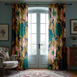 Abstract Floral Curtains, Earthy Tones&teal Watercolor Peony Print Drapes, Modern Living Room Window Treatment, Custom Length Panel Curtains