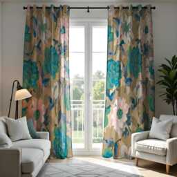 Abstract Floral Curtains, Earthy Tones&teal Watercolor Peony Print Drapes, Modern Living Room Window Treatment, Custom Length Panel Curtains - thumbnail 3