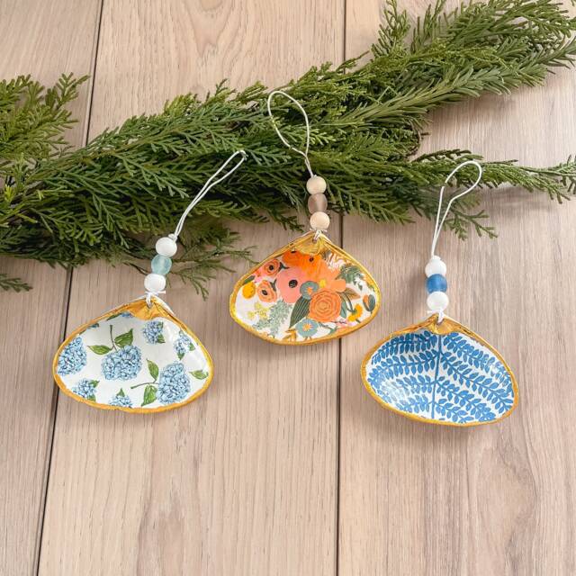 Floral Christmas Ornament Decoupage Gilded Clam Shell, Coastal Decor - image 1