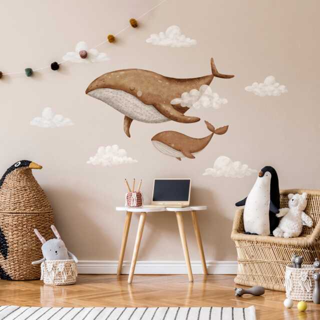 Whales Nursery Wall Decals, Kids Room Stickers, Ocean & Sky Theme Decor - image 1