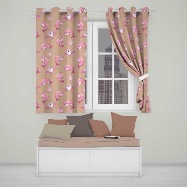 Cute Pink Dolphin Stingray Starfish Ocean Creatures Peach Background Pattern Readymade Eyelet Ring Top Thermal 100% Blackout Curtains - image 1