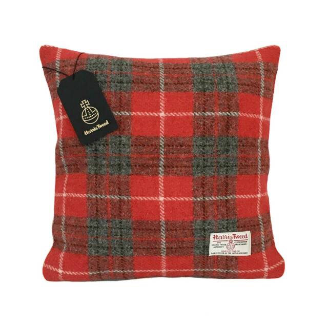 Harris Tweed Cushion Cover - Double Sided With Concealed Ykk Zip Red & Grey Tartan Check 100% Wool All Sizes Available - image 1
