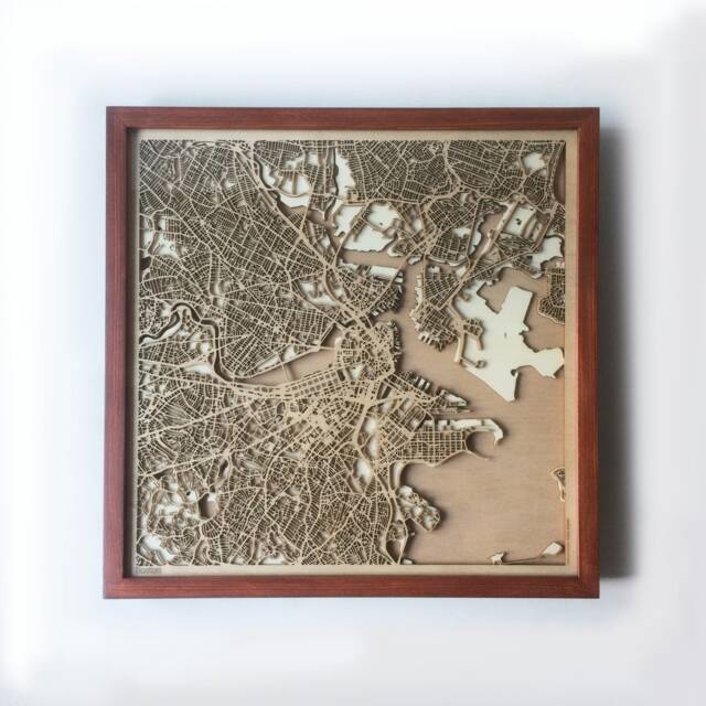 Laser Cut Boston Wood Map - Framed 3D Minimalist Wall Art - image 1
