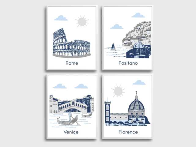 Italian City Wall Art Set - Rome, Positano, Venice, Florence - Blue, Gray - image 1