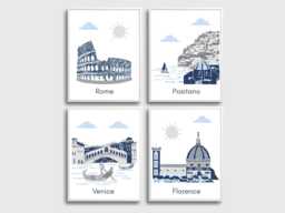Italian City Wall Art Set - Rome, Positano, Venice, Florence - Blue, Gray - thumbnail 1
