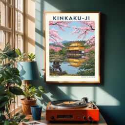 Kinkaku-Ji Golden Pavilion Art Print Kyoto Japanese Temple Gouache - thumbnail 2