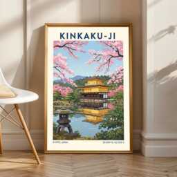 Kinkaku-Ji Golden Pavilion Art Print Kyoto Japanese Temple Gouache - thumbnail 1
