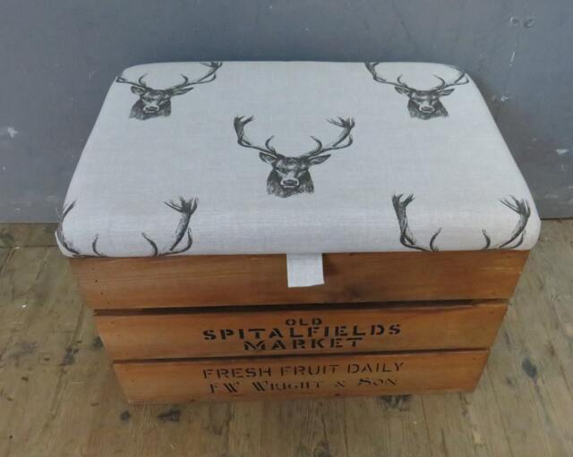 Rustic Wooden Storage Crate - Upholstered Fabric Lid Seat - image 1