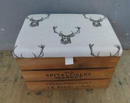 Rustic Wooden Storage Crate - Upholstered Fabric Lid Seat - thumbnail 1