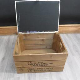 Rustic Wooden Storage Crate - Upholstered Fabric Lid Seat - thumbnail 3