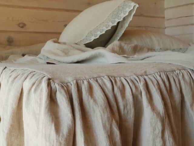 Farmhouse Ruffled Linen Bed Skirt, Soft Neutral Dust Ruffle For Cottage Style Bedrooms - image 1
