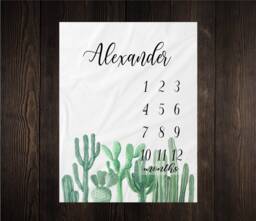 Succulent Milestone Blanket Month Growth Tracker Minky Fleece Custom Personalized Baby Shower Gift Watercolor Cactus - thumbnail 1