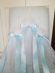 Special Listing Greek Orthodox Baptism Candle Lambada Christening Blue & White With Embroidered Oil Sheet & Towel