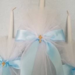 Special Listing Greek Orthodox Baptism Candle Lambada Christening Blue & White With Embroidered Oil Sheet & Towel - thumbnail 2