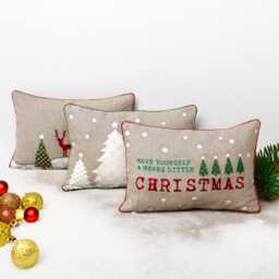 "Christmas Linen Pillow Cover, Embroidered Tree Applique - 14""x 21" - thumbnail 4