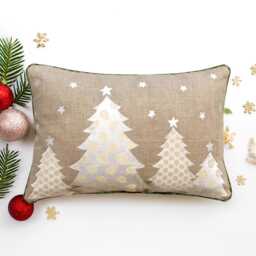 "Christmas Linen Pillow Cover, Embroidered Tree Applique - 14""x 21" - thumbnail 2