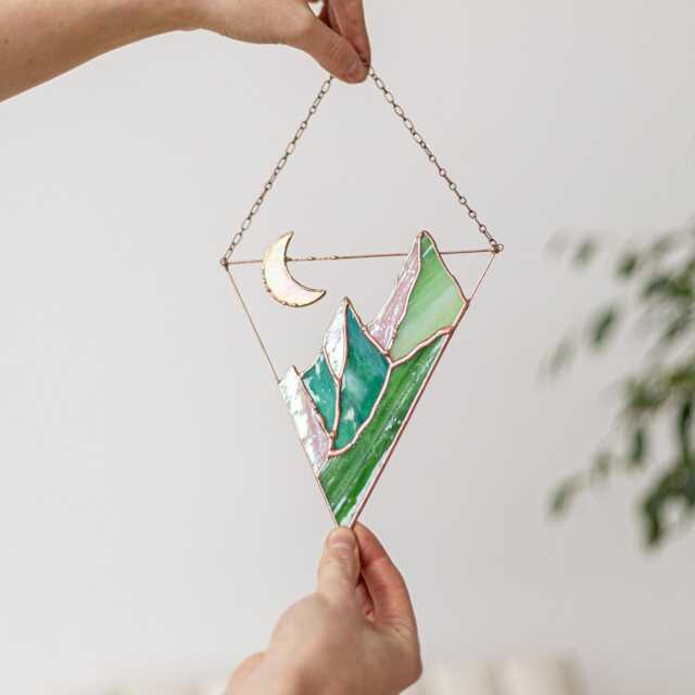 stained Glass Suncatcher Picture Mountains Hill Landscape Home House Decor Window Wall Hanging Moon Cling, Fathers Day Gift From Daughter - image 1