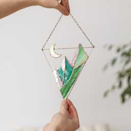 stained Glass Suncatcher Picture Mountains Hill Landscape Home House Decor Window Wall Hanging Moon Cling, Fathers Day Gift From Daughter - thumbnail 1