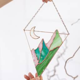 stained Glass Suncatcher Picture Mountains Hill Landscape Home House Decor Window Wall Hanging Moon Cling, Fathers Day Gift From Daughter - thumbnail 2