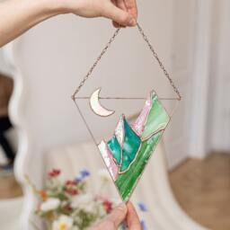 stained Glass Suncatcher Picture Mountains Hill Landscape Home House Decor Window Wall Hanging Moon Cling, Fathers Day Gift From Daughter - thumbnail 3