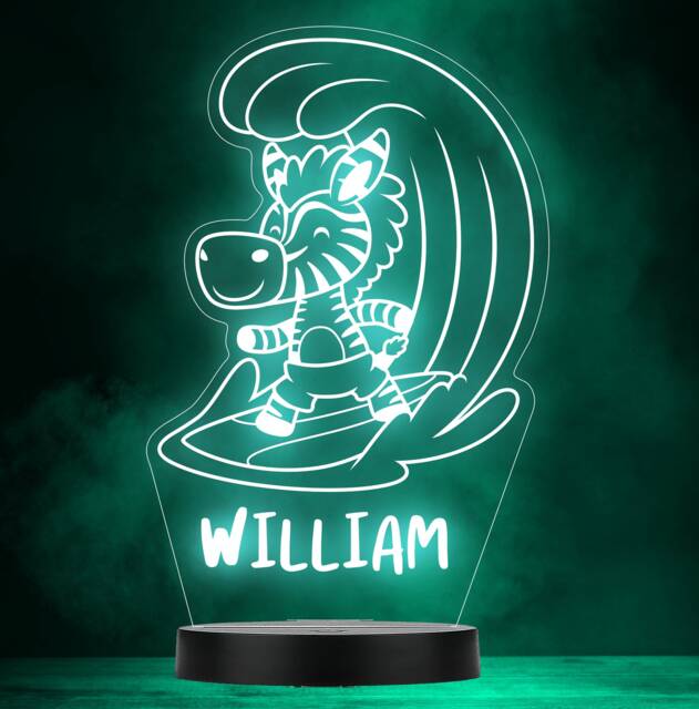 Zebra Surfing Waves Sea Beach Personalised Gift Colour Change Lamp Night Light - image 1