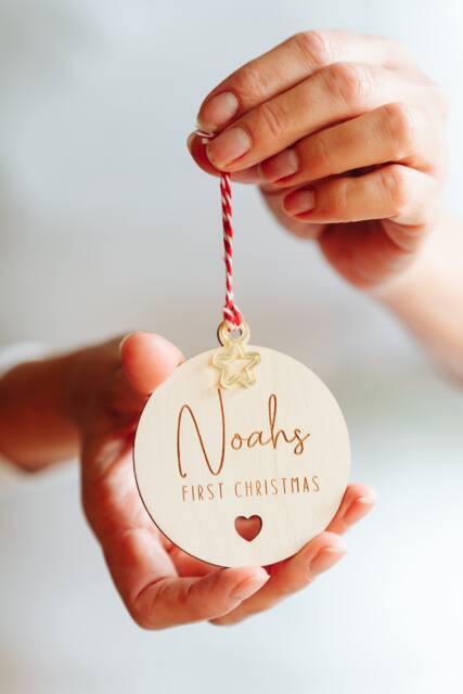 Baby's First Christmas Bauble. Personalised New Baby Ornament, Secret Santa Gift, My Custom Kids Wooden Keepsake - image 1