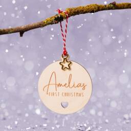 Baby's First Christmas Bauble. Personalised New Baby Ornament, Secret Santa Gift, My Custom Kids Wooden Keepsake - thumbnail 3
