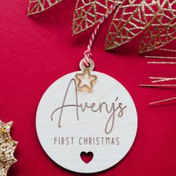 Baby's First Christmas Bauble. Personalised New Baby Ornament, Secret Santa Gift, My Custom Kids Wooden Keepsake - thumbnail 2
