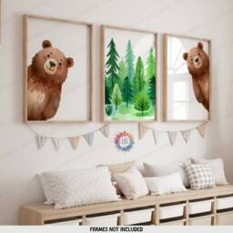 Peeking Brown Bear Prints - Set Of 3 Nursery Posters - Animal Playroom Decor Gender Neutral Baby Wall Art Peekaboo Poster Print A3/A4 - thumbnail 1