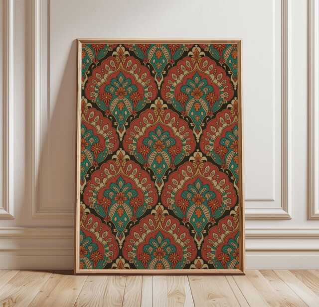 Vintage Floral Pattern Poster - Ornamental Wall Art Teal Terracotta Print - image 1