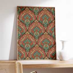 Vintage Floral Pattern Poster - Ornamental Wall Art Teal Terracotta Print - thumbnail 4
