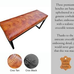Crocodile Genuine Leather Bench With Embossed Crocodile Look Pattern - Cowhide Leather Upholstery + Black Steel Frames - Fpb - thumbnail 2