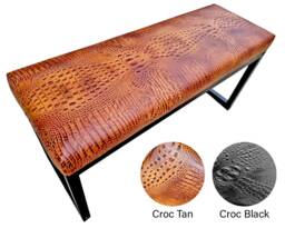 Crocodile Genuine Leather Bench With Embossed Crocodile Look Pattern - Cowhide Leather Upholstery + Black Steel Frames - Fpb
