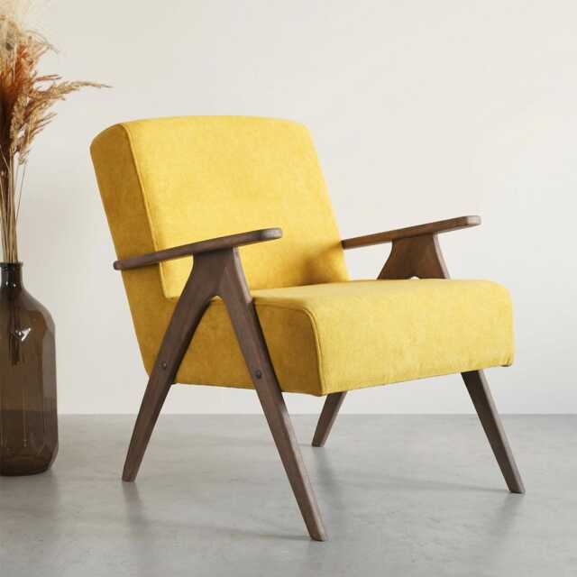 Mid Century Armchair Mustard Yellow Fabric, Solid Beech Frame, Handmade - image 1
