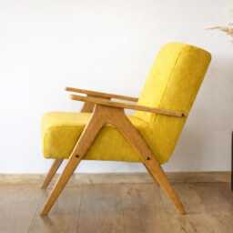 Mid Century Armchair Mustard Yellow Fabric, Solid Beech Frame, Handmade - thumbnail 4