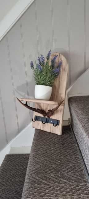 Handmade Solid Oak Rustic Antler Shelf With 3 Hook Key Holder . Candles Etc Not Included - image 1