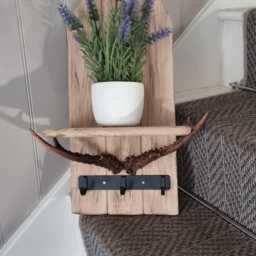 Handmade Solid Oak Rustic Antler Shelf With 3 Hook Key Holder . Candles Etc Not Included - thumbnail 3