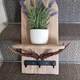 Handmade Solid Oak Rustic Antler Shelf With 3 Hook Key Holder . Candles Etc Not Included - thumbnail 2