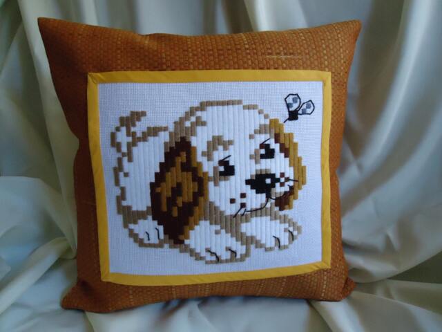 Handmade Embroidered Puppy Pillow, Kids Room Decor - image 1
