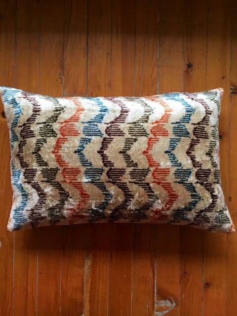 Handwoven Silk Ikat Velvet Pillow Cover Home Decor - 24x16 In - image 1