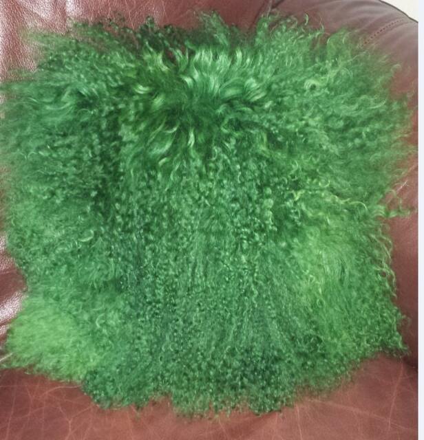 Fur Pillow Mongolian Lamb Tibetan Sheepskin Green 10x10 - image 1