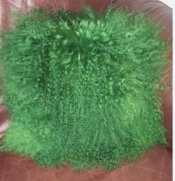 Fur Pillow Mongolian Lamb Tibetan Sheepskin Green 10x10 - thumbnail 1